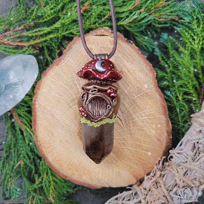 Large Crystal Moon Mushroom Faery House Pendant ~ Smokey Quartz
