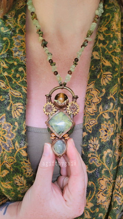 Sacred Sunflower Crystal Beaded Talisman ~ Prehnite, Jade, Tigers Eye, Unakite & Sandalwood