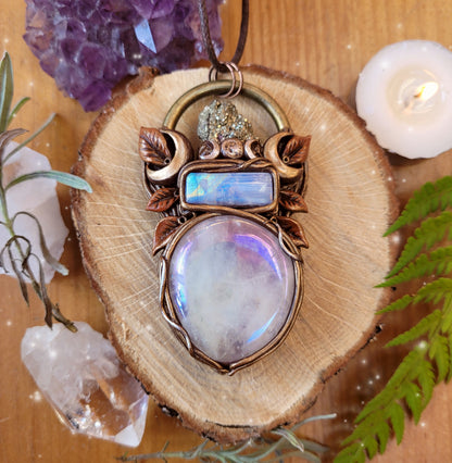 Triple Moon Rusted Leaf Talisman ~ Pyrite, Rainbow Moonstone & Aura Rose Quartz