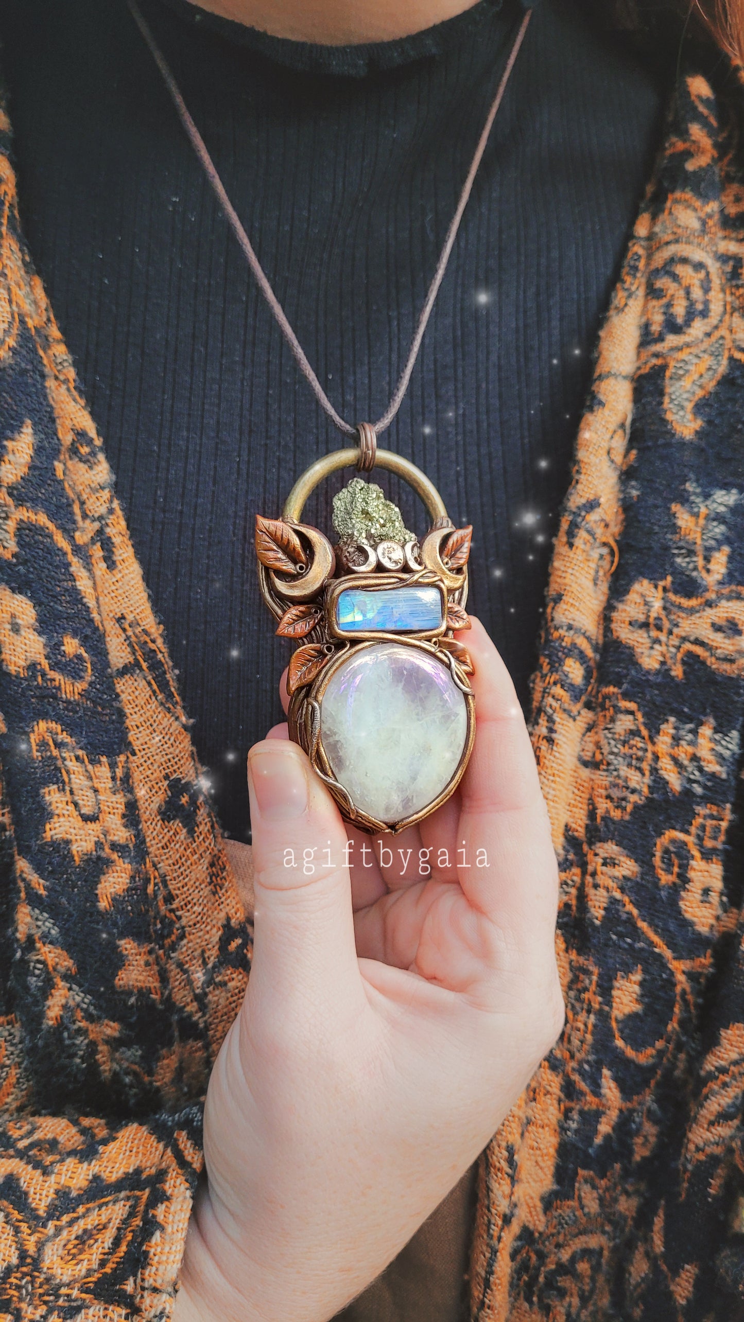 Triple Moon Rusted Leaf Talisman ~ Pyrite, Rainbow Moonstone & Aura Rose Quartz