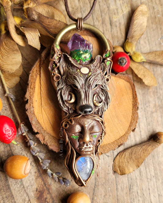 Wolf Mother Talisman ~ Rainbow Moonstone