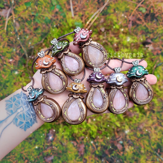 Self-love Crystal Moon Mushroom Talismans ~ Rose Quartz