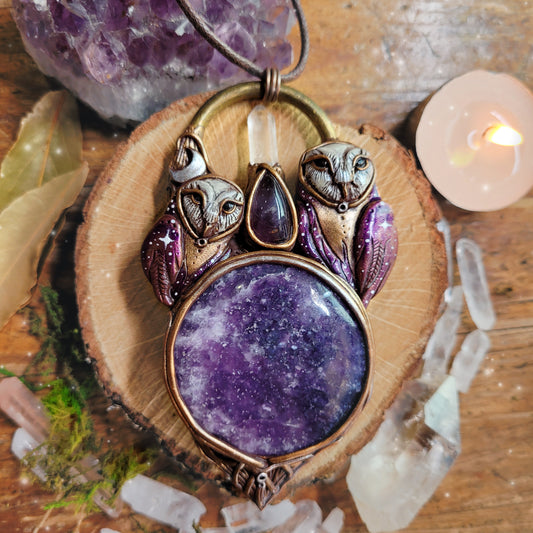 Cosmic Owl Spirit Guides Talisman ~ Lepidolite, Amethyst & Quartz