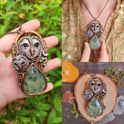 The Owl & Her Baby Talisman ~ Prehnite