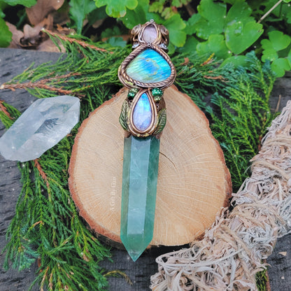Magickal Crystal Wand ~ Fluorite, Rainbow Moonstone, Labradorite, Amethyst & Aura Rose Quartz