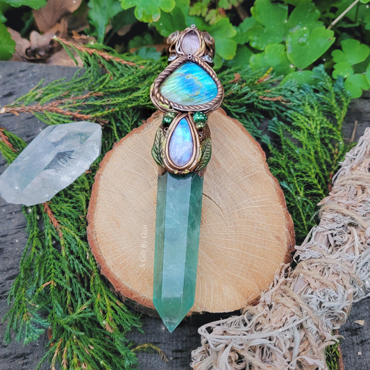 Magickal Crystal Wand ~ Fluorite, Rainbow Moonstone, Labradorite, Amethyst & Aura Rose Quartz