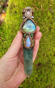 Magick Crystal Wand ~ Fluorite, Rainbow Moonstone, Labradorite, Amethyst & Aura Rose Quartz