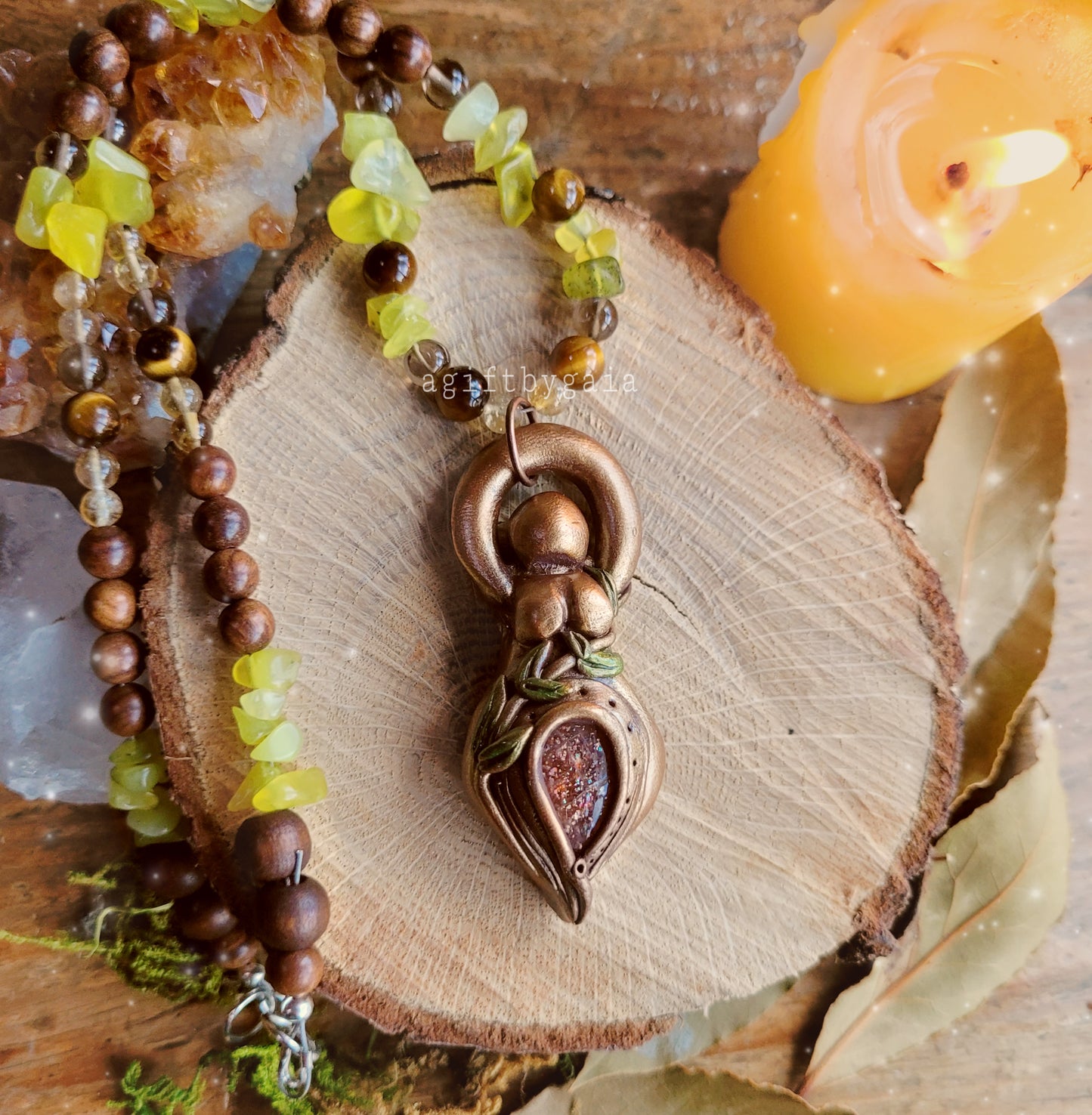 Goddess Beaded Talisman ~ Sunstone, Korean Jade, Smokey Quartz, Citrine, Tiger Eye & Sandalwood