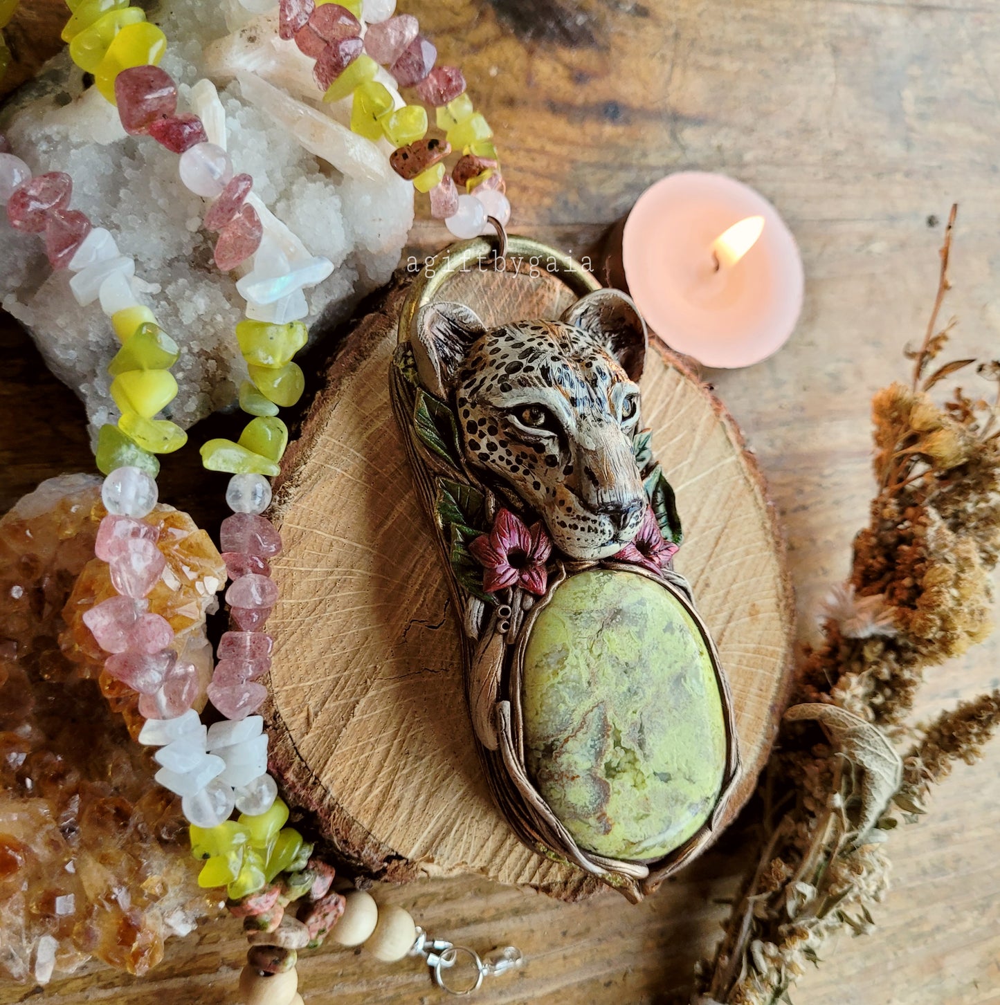 Inner Strength Leopard, Desert Rose Crystal Beaded Talisman ~ Green Opal, Strawberry Quartz, Rose Quartz, Korean Jade, Unakite & Rainbow Moonstone