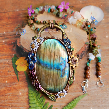 Ode to the Wildflowers Crystal Beaded Talisman ~ Golden Labradorite, Citrine, Turquoise, Blue Aventurine, Amethyst, Rose Quartz, Strawberry Quartz, Prehnite, Unakite, Sandalwood