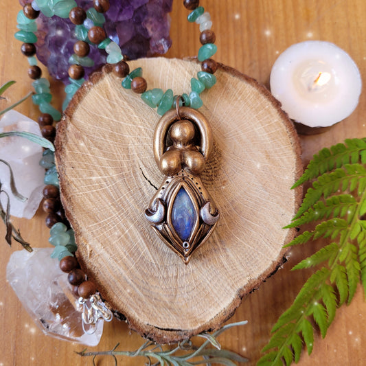 Triple Moon Goddess Beaded Talisman ~ Rainbow Moonstone, Green Aventurine, Blue Aventurine & Sandalwood