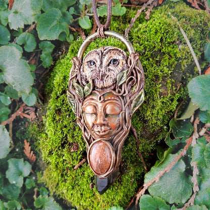 Tree Spirit Owl Goddess Talisman ~ Sunstone & Smoky Quartz