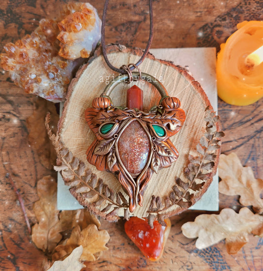 Autumn Moth Pumpkin Talisman ~ Malachite, Carnelian & Sunstone