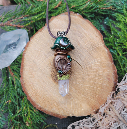 Crystal Moon Mushroom Faery House Pendant ~ Quartz