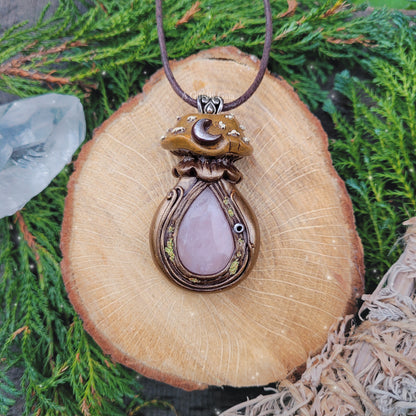 Large Crystal Moon Mushroom Faery House Pendant ~ Rose Quartz