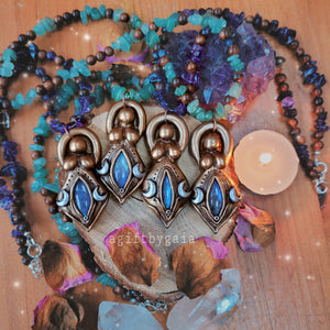 Triple Moon Goddess Beaded Talisman ~ Rainbow Moonstone, Green Aventurine, Blue Aventurine & Sandalwood
