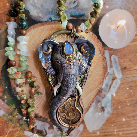 Sacred Elephant Crystal Beaded Lunar Talisman ~ Rainbow Moonstone, Ammonite Fossil, Unakite, Prehnite, Moss Agate & Sandalwood