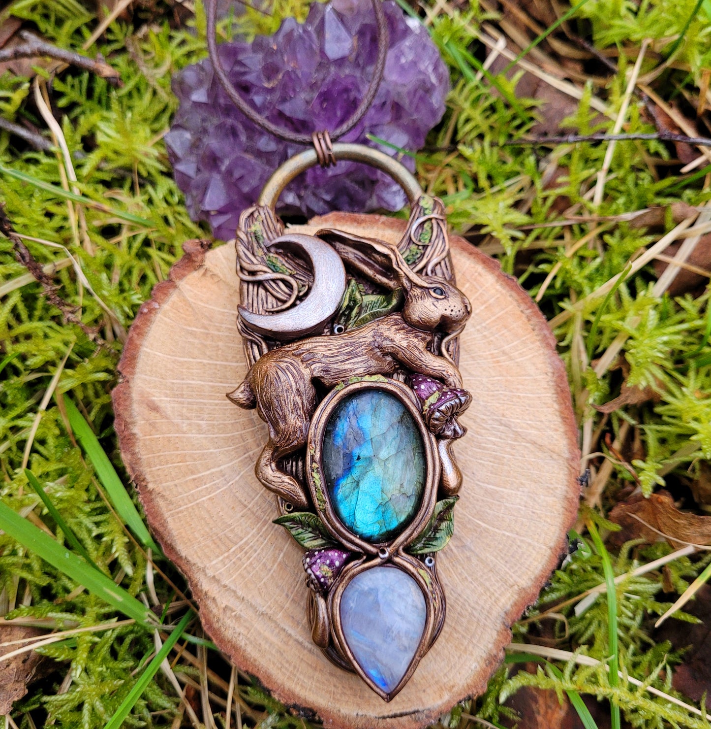 Lunar Hare Fungi Talisman ~ Rainbow Moonstone & Labradorite