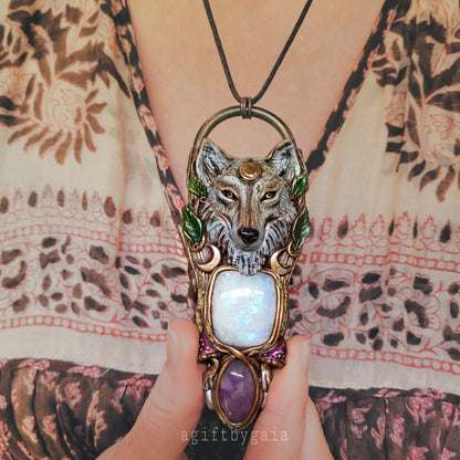 Lunar Wolf Talisman ~ Rainbow Moonstone & Purple Amethyst