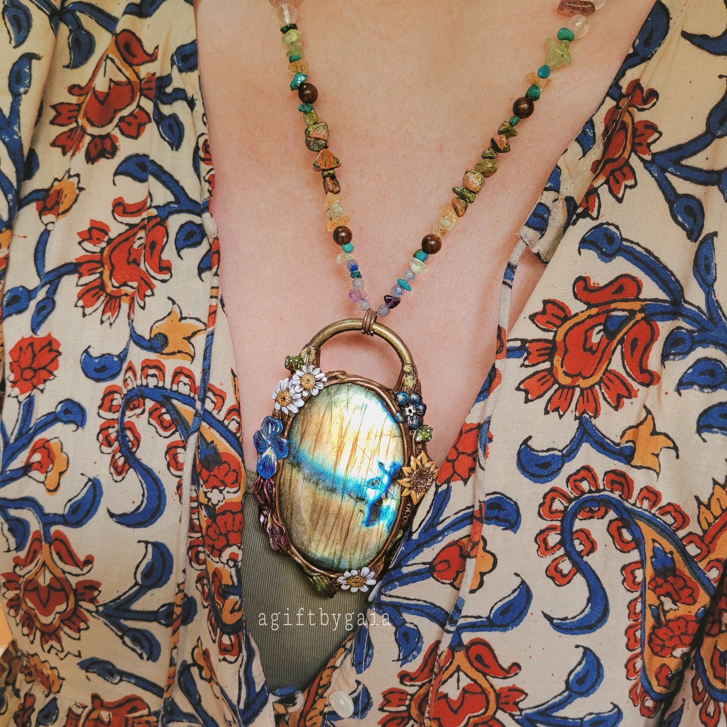 Ode to the Wildflowers Crystal Beaded Talisman ~ Golden Labradorite, Citrine, Turquoise, Blue Aventurine, Amethyst, Rose Quartz, Strawberry Quartz, Prehnite, Unakite, Sandalwood