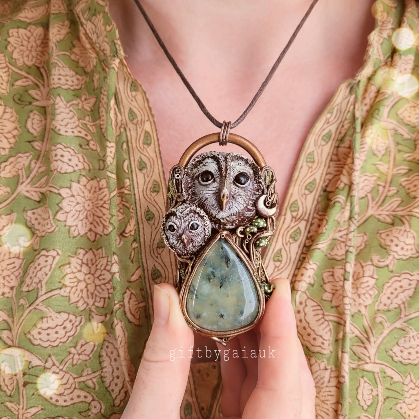 The Owl & Her Baby Talisman ~ Prehnite