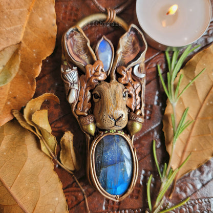 Wild Autumn Hare Talisman ~ Labradorite & Rainbow Moonstone