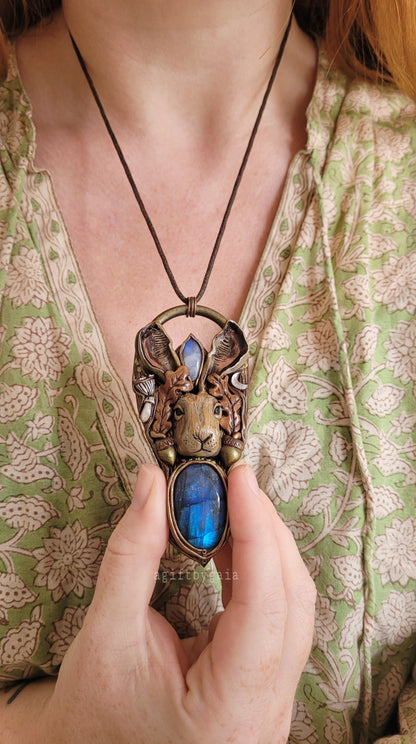 Wild Autumn Hare Talisman ~ Labradorite & Rainbow Moonstone