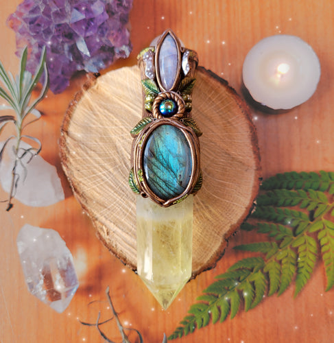 Magick Crystal Wand ~ Lemon Quartz, Aura Rose Quartz, Rainbow Moonstone & Labradorite