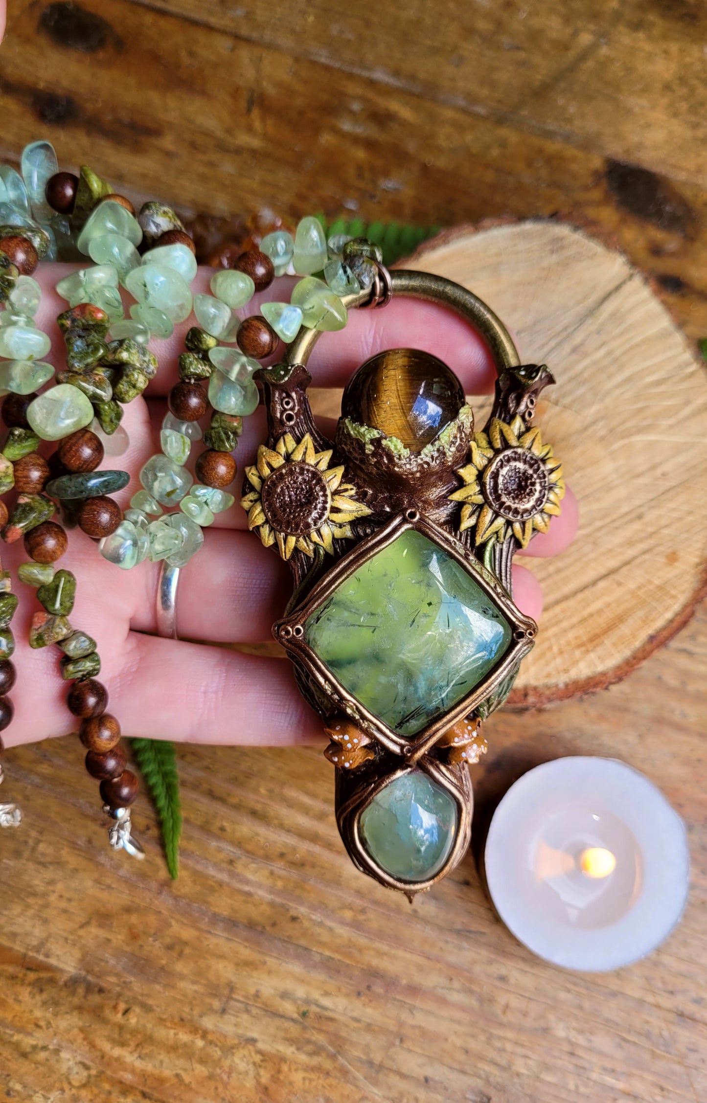 Sacred Sunflower Crystal Beaded Talisman ~ Prehnite, Jade, Tigers Eye, Unakite & Sandalwood