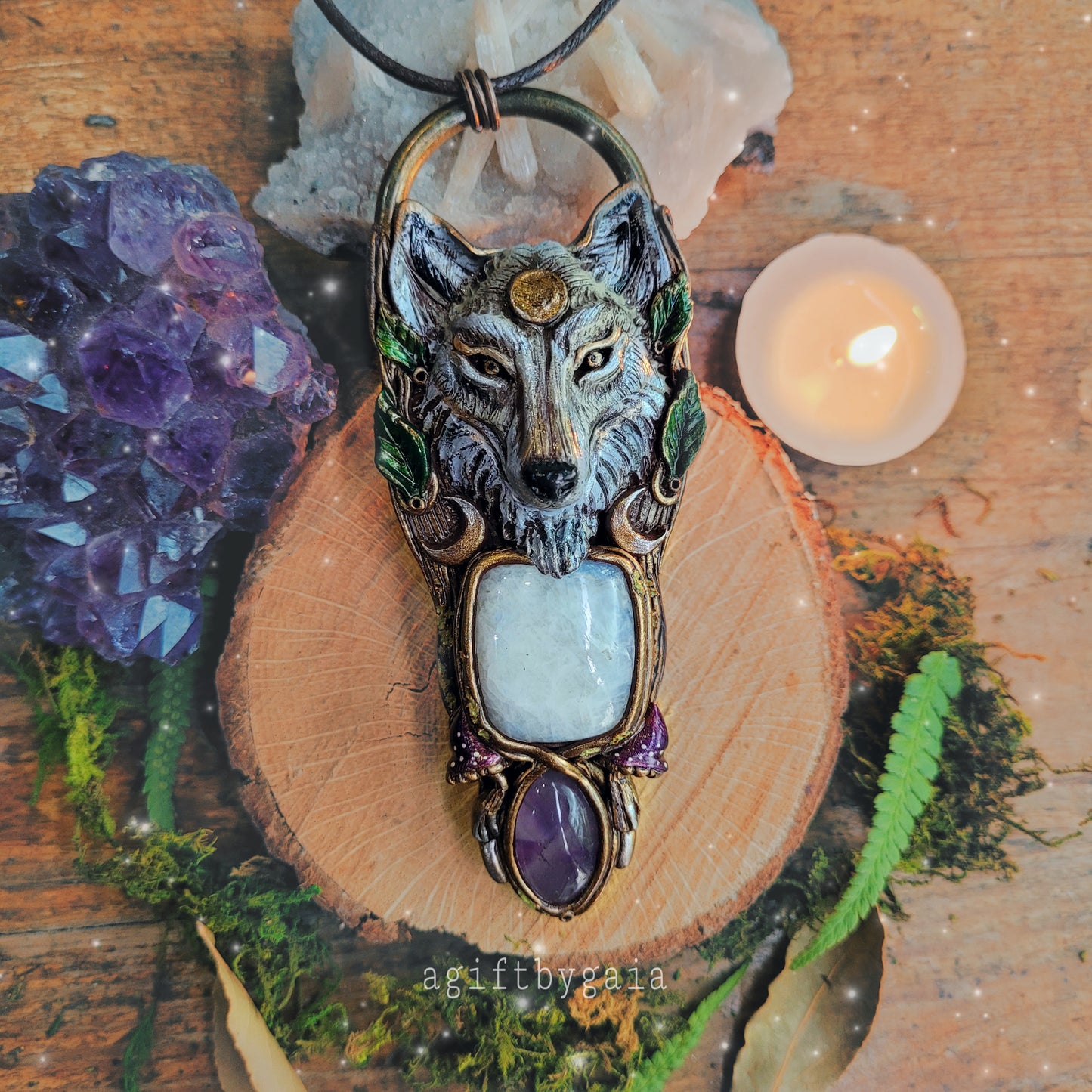 Lunar Wolf Talisman ~ Rainbow Moonstone & Purple Amethyst