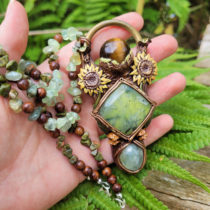 Sacred Sunflower Crystal Beaded Talisman ~ Prehnite, Jade, Tigers Eye, Unakite & Sandalwood