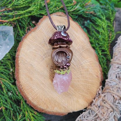 Large Crystal Moon Mushroom Faery House Pendant ~ Rose Quartz