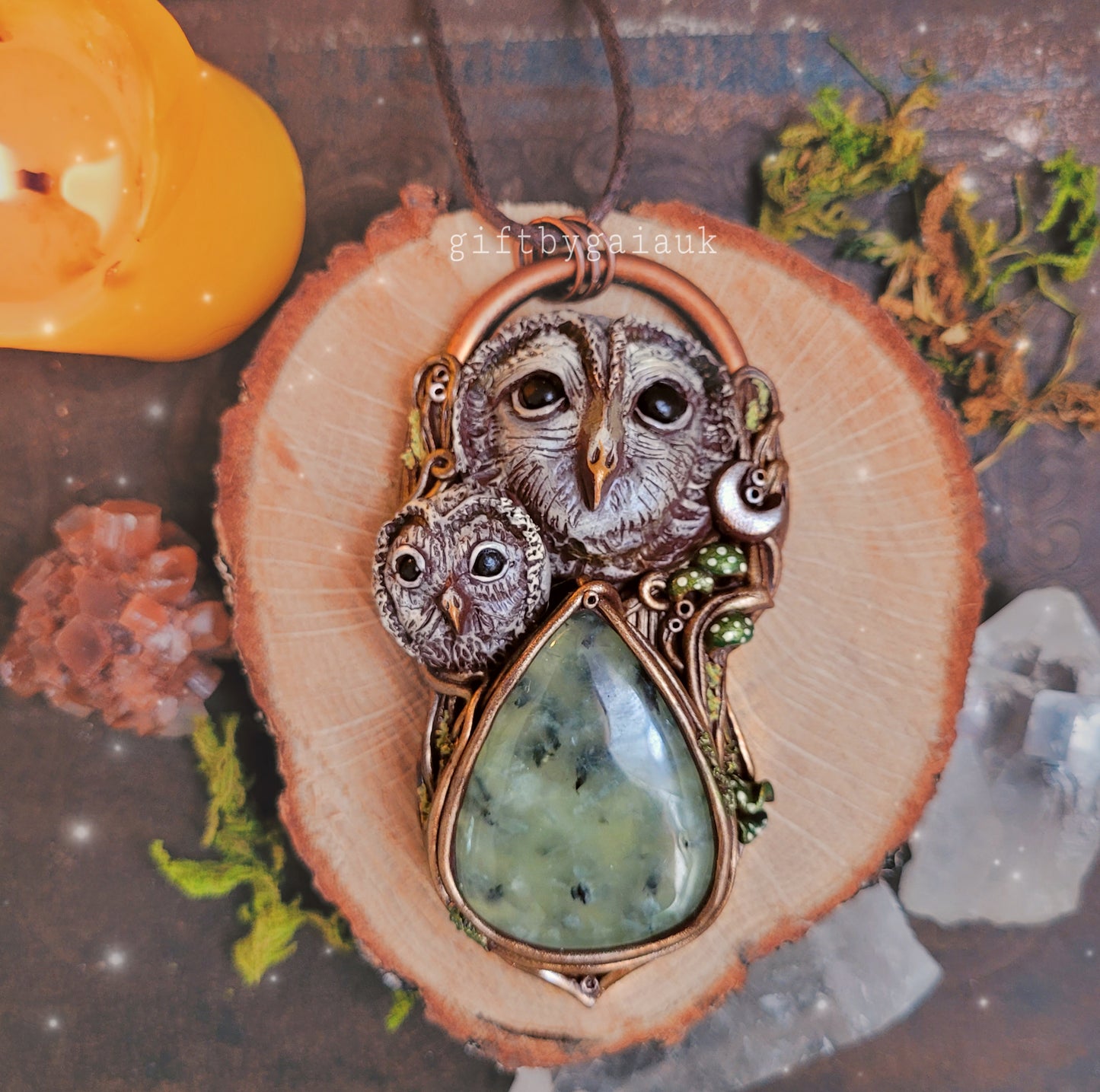 The Owl & Her Baby Talisman ~ Prehnite