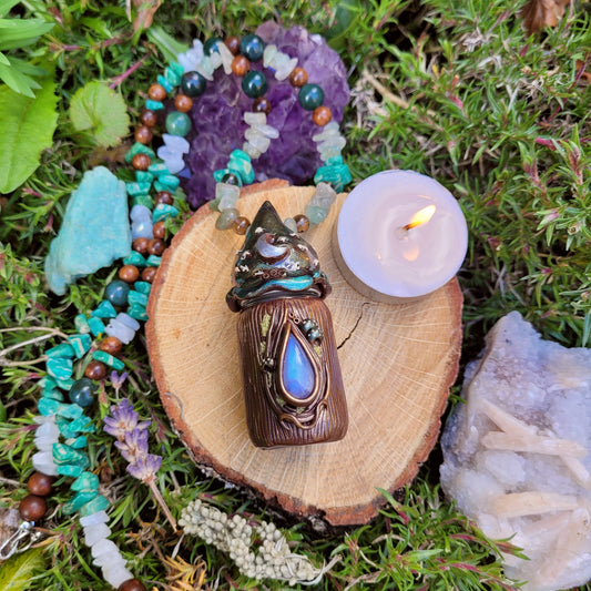 Keepsake Bottle Talisman ~ Rainbow Moonstone, Amazonite, Smokey Quartz, Moss Agate, Green Aventurine, Rainbow Moonstone, Sandalwood