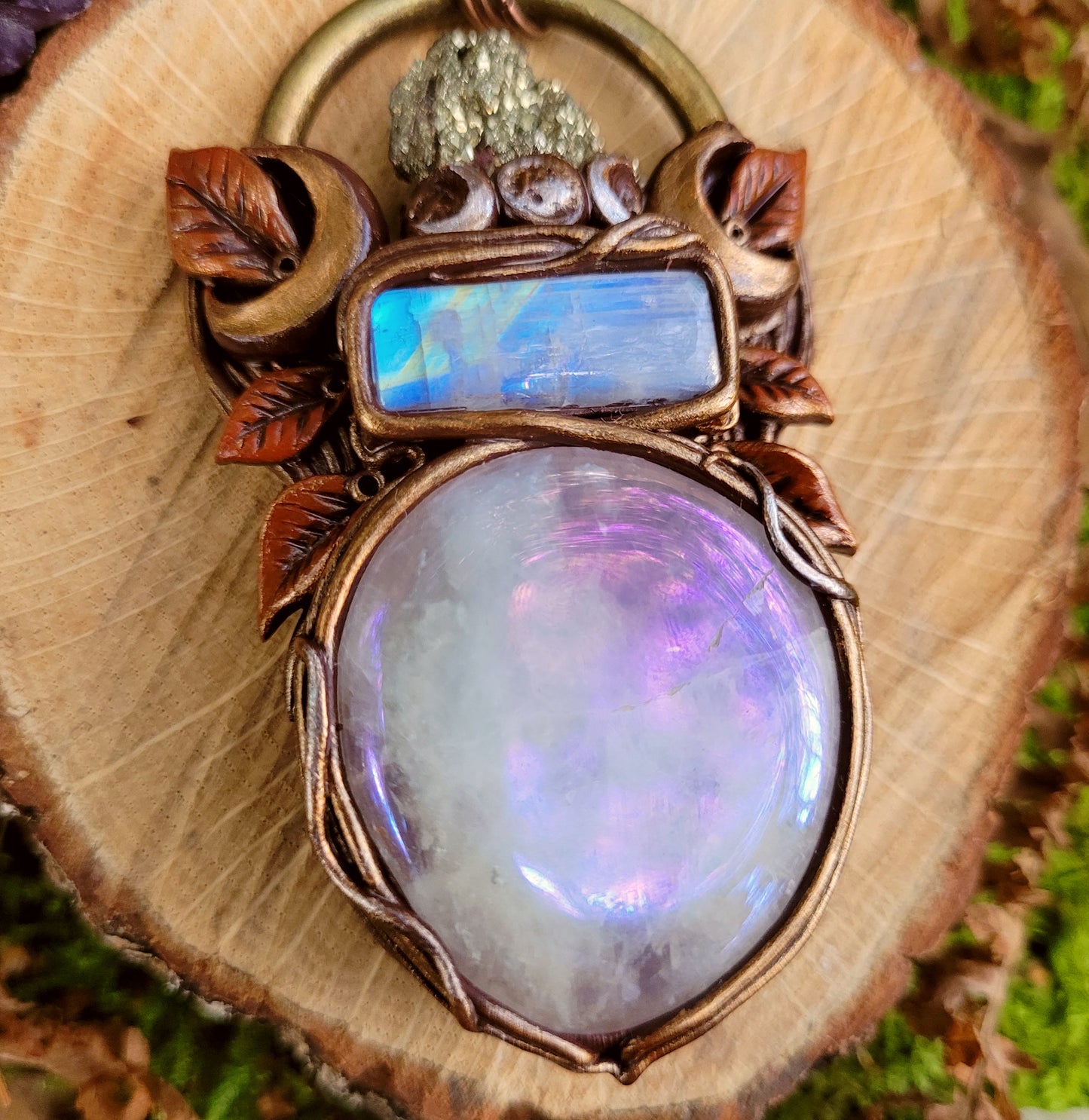 Triple Moon Rusted Leaf Talisman ~ Pyrite, Rainbow Moonstone & Aura Rose Quartz