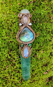 Magick Crystal Wand ~ Fluorite, Rainbow Moonstone, Labradorite, Amethyst & Aura Rose Quartz