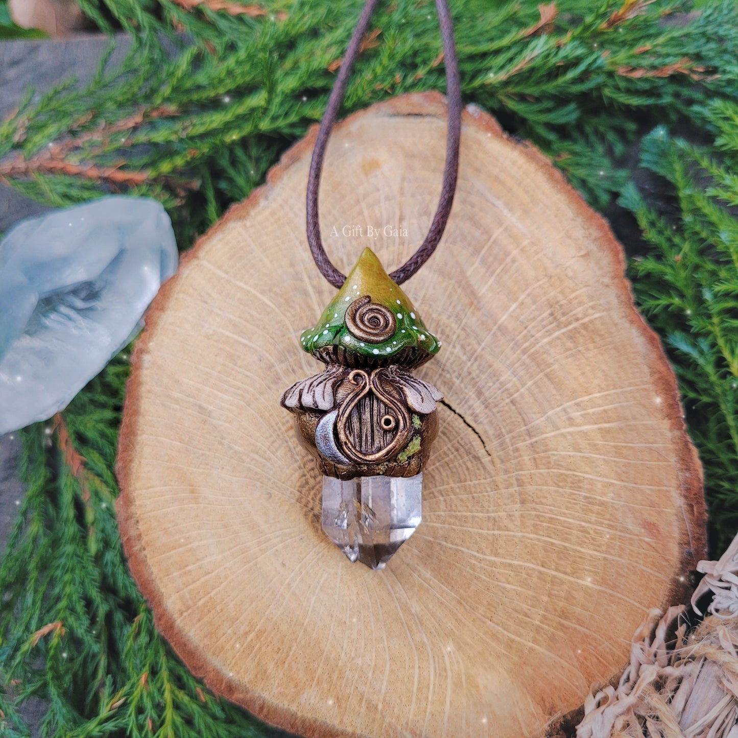 Earthy Spiral Faery House Mushroom with Clear Quartz