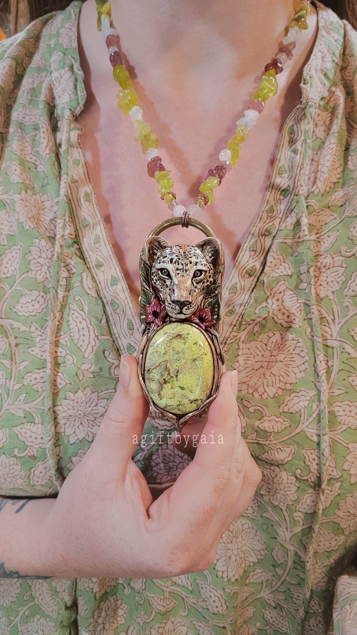 Inner Strength Leopard, Desert Rose Crystal Beaded Talisman ~ Green Opal, Strawberry Quartz, Rose Quartz, Korean Jade, Unakite & Rainbow Moonstone