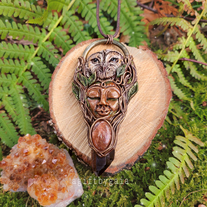 Tree Spirit Owl Goddess Talisman ~ Sunstone & Smoky Quartz