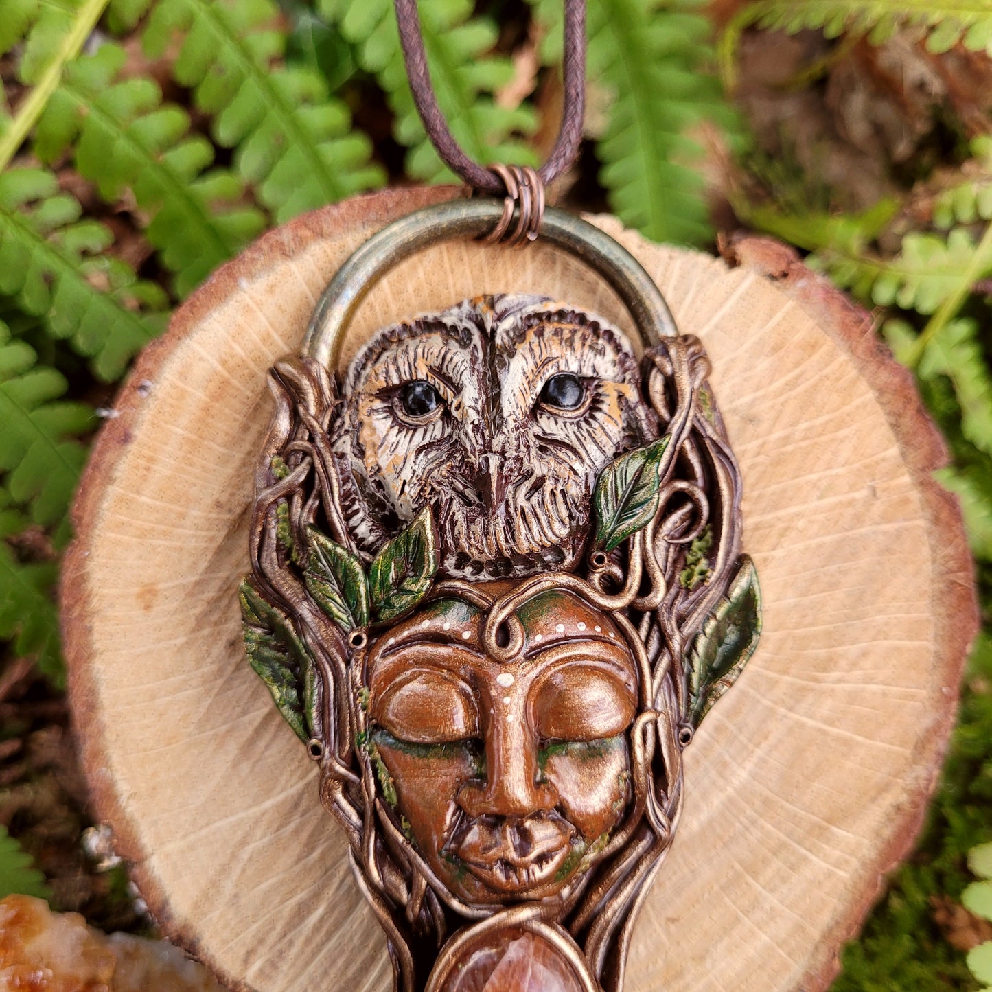 Tree Spirit Owl Goddess Talisman ~ Sunstone & Smoky Quartz