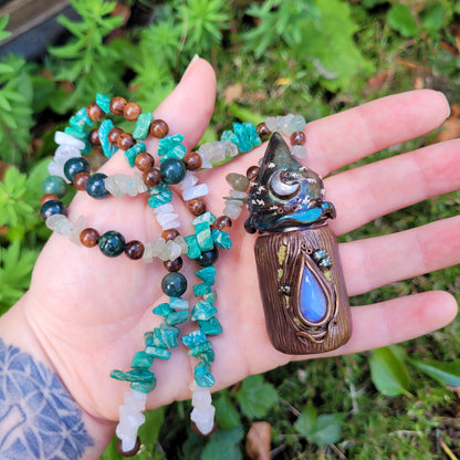 Keepsake Bottle Talisman ~ Rainbow Moonstone, Amazonite, Smokey Quartz, Moss Agate, Green Aventurine, Rainbow Moonstone, Sandalwood