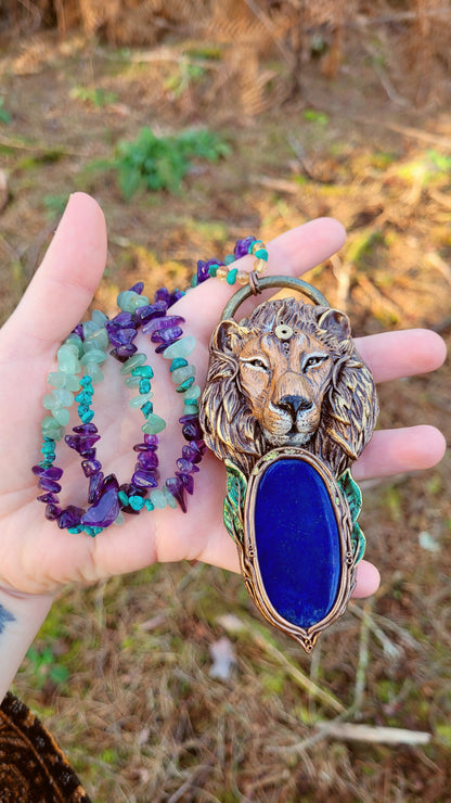 Brave Lion Sage Crystal Beaded Talisman ~ Lapis Lazuli, Turquoise, Citrine, Amethyst & Green Aventurine