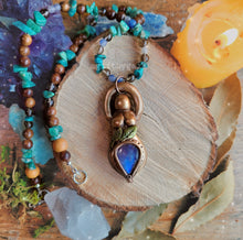 Load image into Gallery viewer, Goddess Beaded Talisman ~ Rainbow Moonstone, Turquoise, Amazonite, Blue Aventurine, Smokey Quartz &amp; Sandalwood