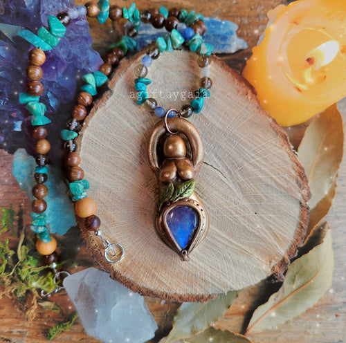 Goddess Beaded Talisman ~ Rainbow Moonstone, Turquoise, Amazonite, Blue Aventurine, Smokey Quartz & Sandalwood