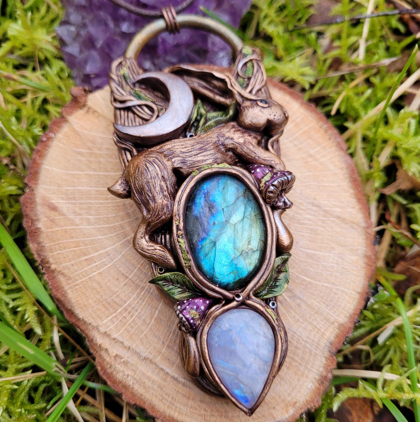 Lunar Hare Fungi Talisman ~ Rainbow Moonstone & Labradorite