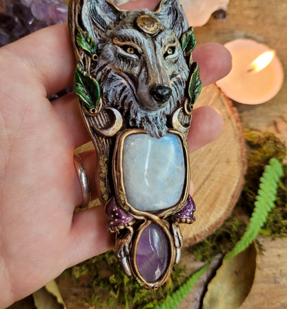 Lunar Wolf Talisman ~ Rainbow Moonstone & Purple Amethyst