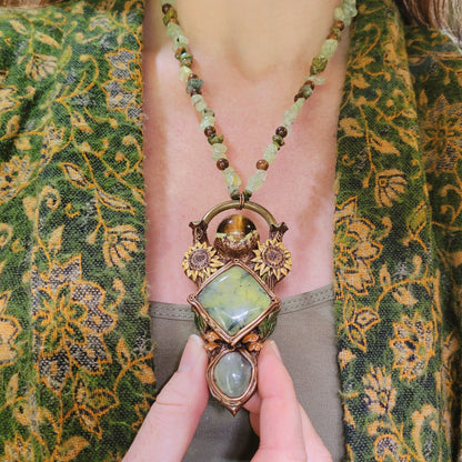 Sacred Sunflower Crystal Beaded Talisman ~ Prehnite, Jade, Tigers Eye, Unakite & Sandalwood