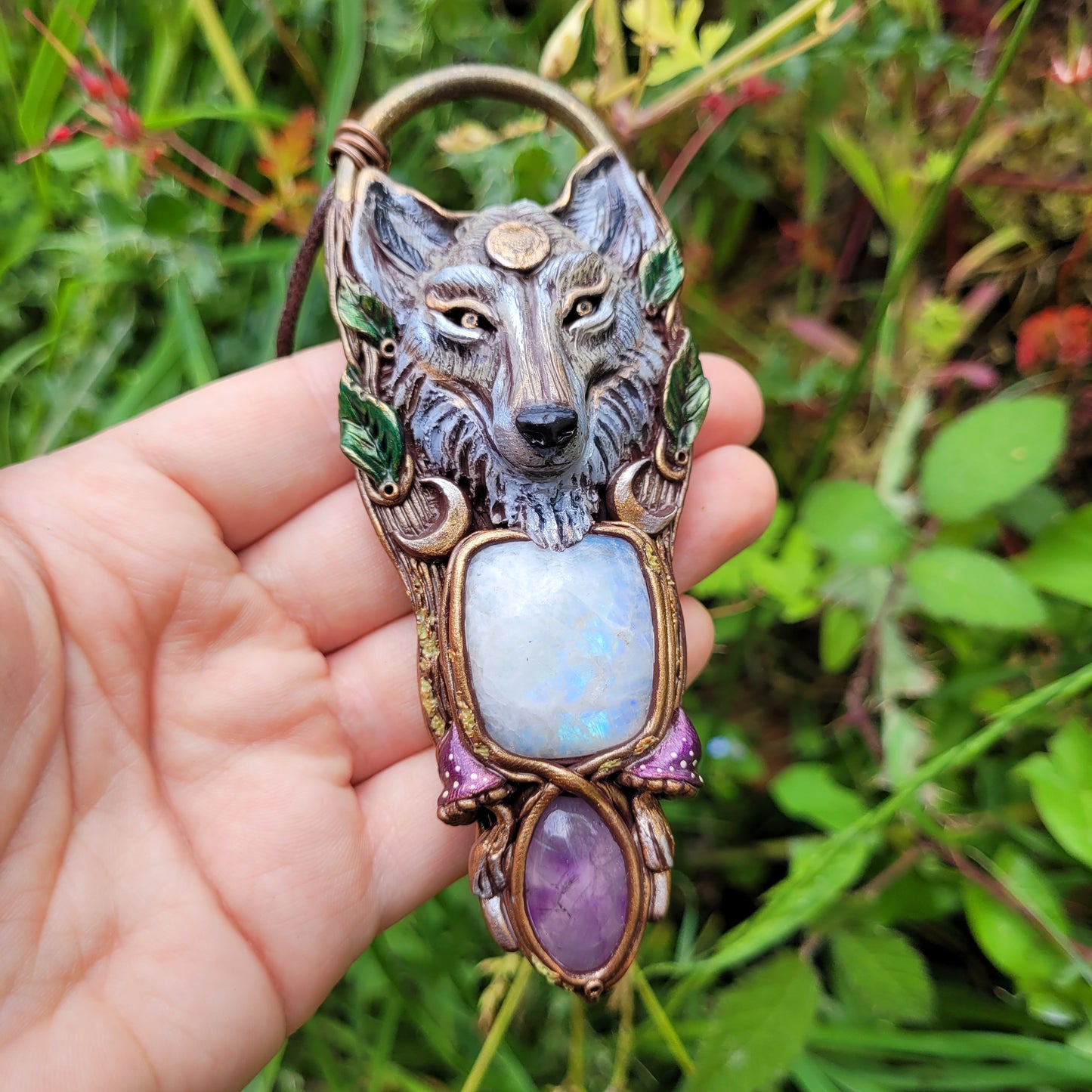 Lunar Wolf Talisman ~ Rainbow Moonstone & Purple Amethyst