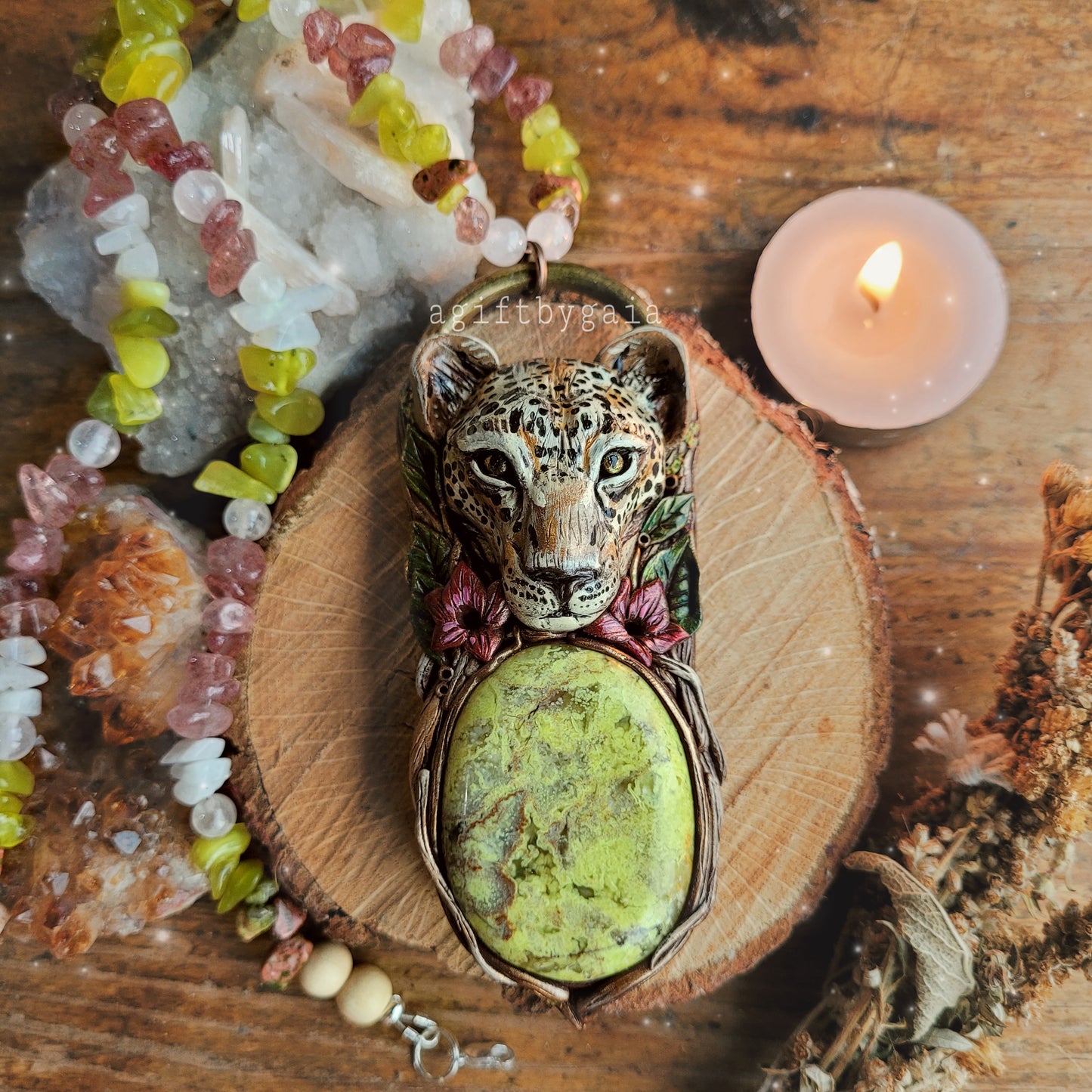 Inner Strength Leopard, Desert Rose Crystal Beaded Talisman ~ Green Opal, Strawberry Quartz, Rose Quartz, Korean Jade, Unakite & Rainbow Moonstone