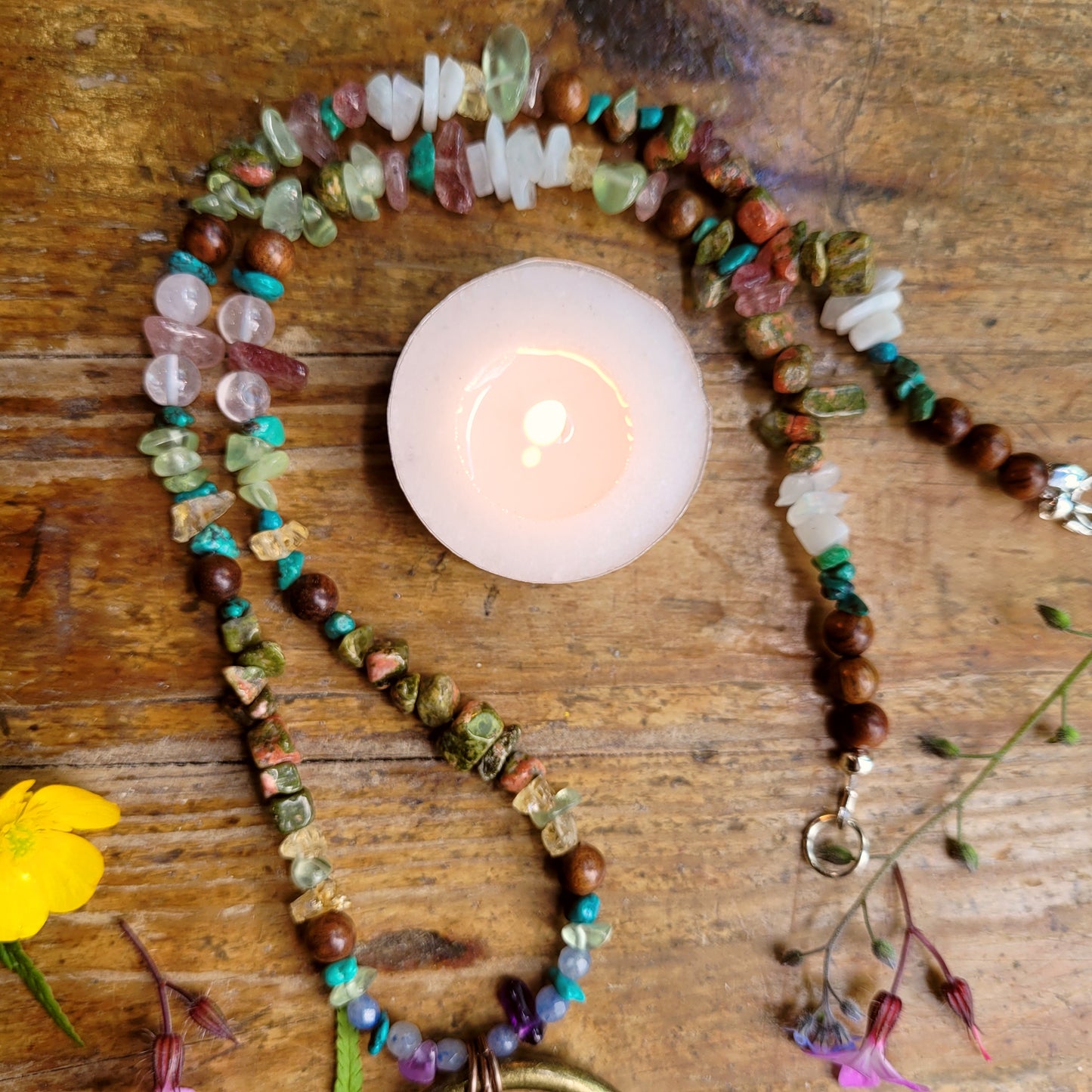 Ode to the Wildflowers Crystal Beaded Talisman ~ Golden Labradorite, Citrine, Turquoise, Blue Aventurine, Amethyst, Rose Quartz, Strawberry Quartz, Prehnite, Unakite, Sandalwood